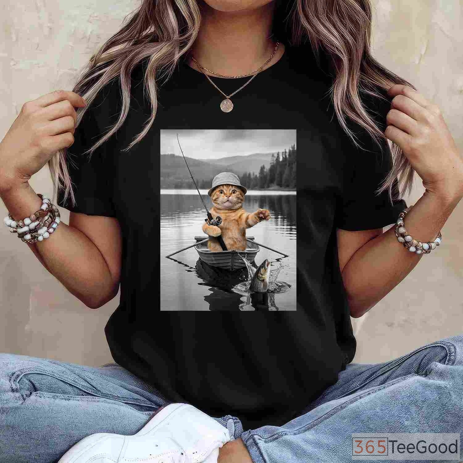 Funny Cat Selfie Boat Fishing Shirt, Weird Cat Meme Fishing Apparel for Men