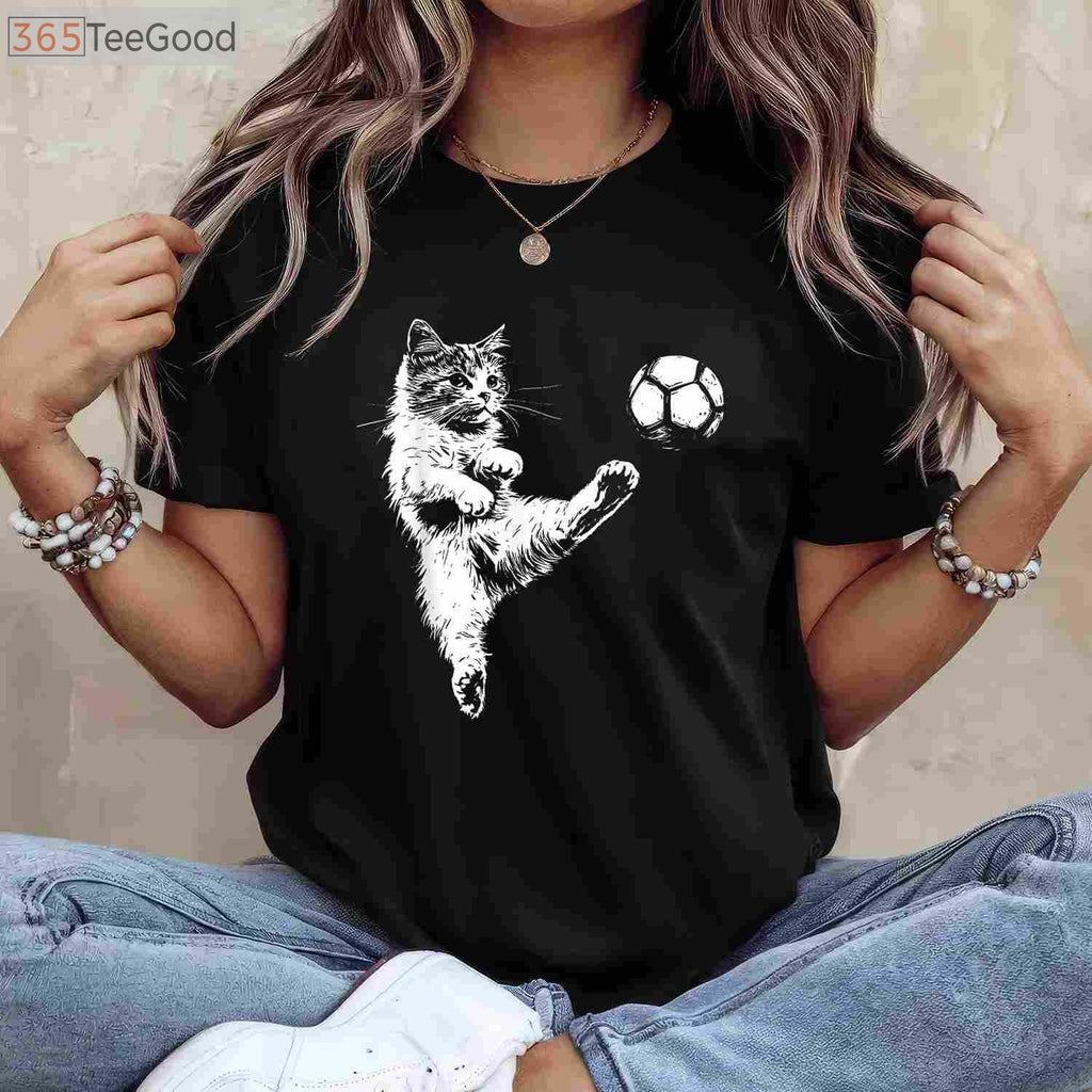 Funny Cat Soccer Ball T-Shirt - Cute Kitten Playing Sports Graphic Tee