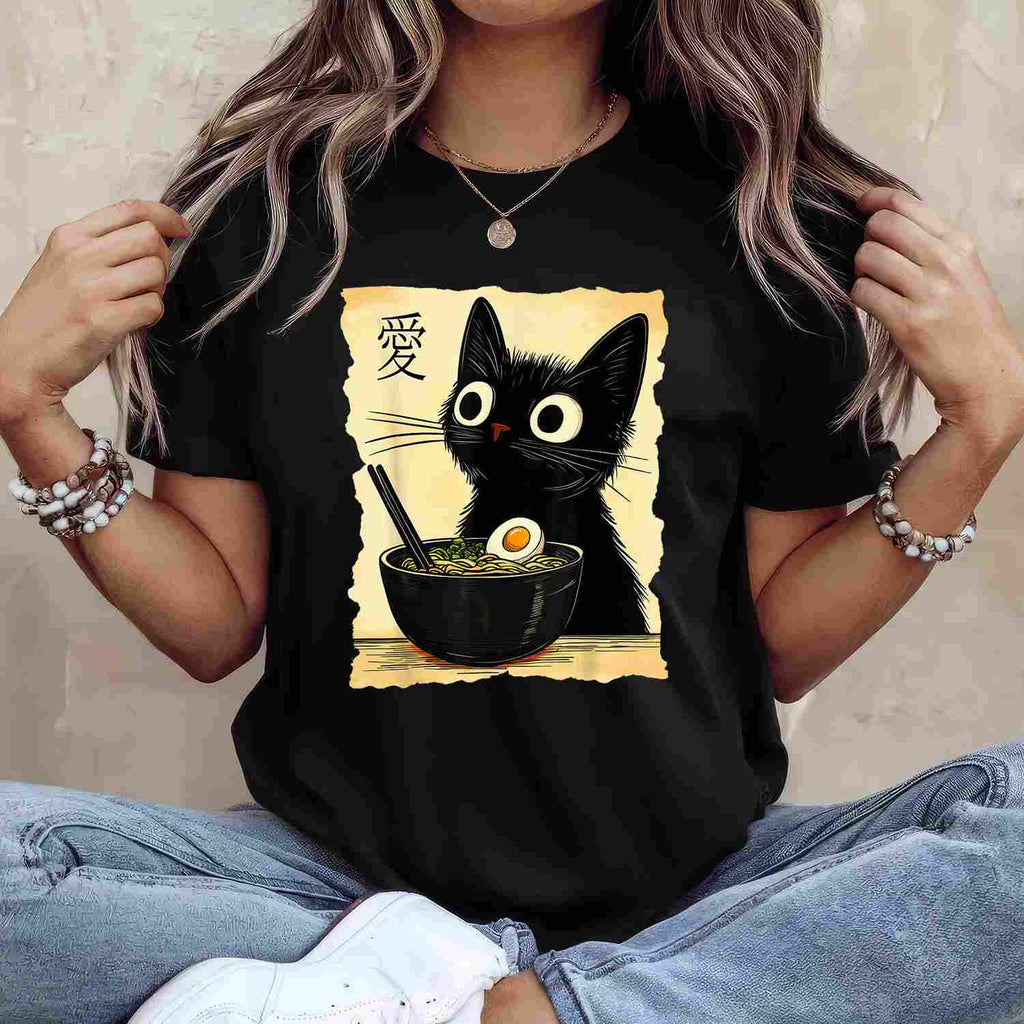 Funny Cat Ramen Japanese Kawaii Anime Gift Tee T-Shirt Adults Unisex