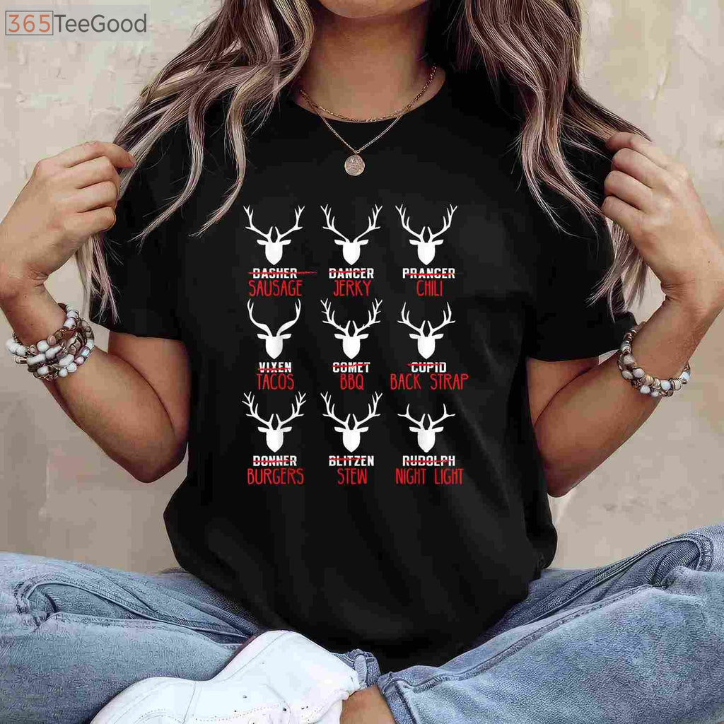 Funny Christmas Deer Hunting Shirt, Santa’s Reindeer List Holiday Hunter Tee