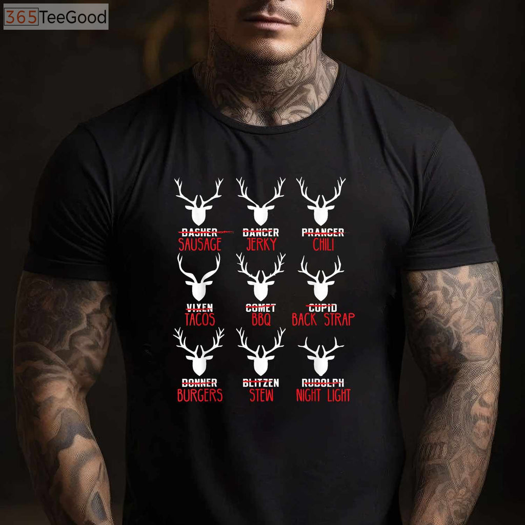 Funny Christmas Deer Hunting Shirt, Santa’s Reindeer List Holiday Hunter Tee
