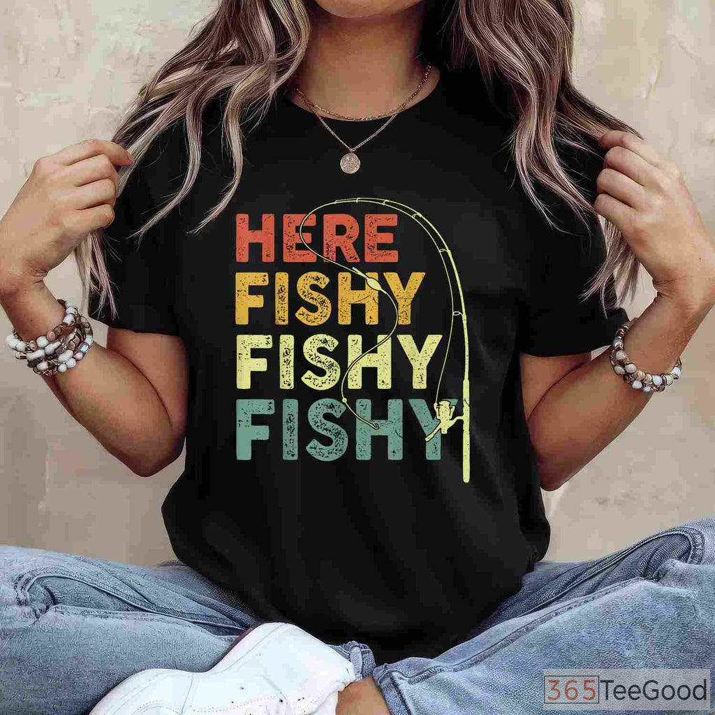 Funny Here Fishy Fishy Bass Fishing Shirt - Humorous Gift for Fishing Dads