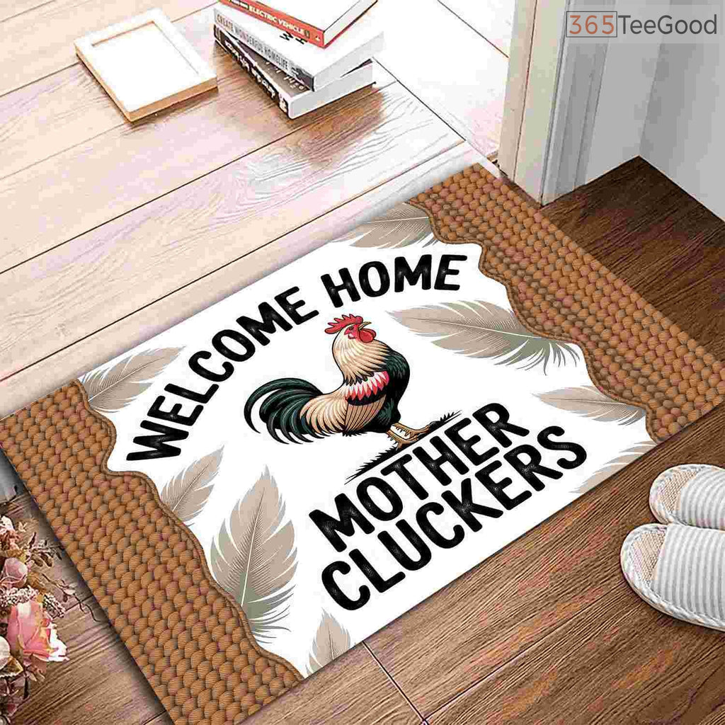 Funny Rooster Welcome Home Doormat Custom Text - Durable Farmhouse Porch Entryway Rug