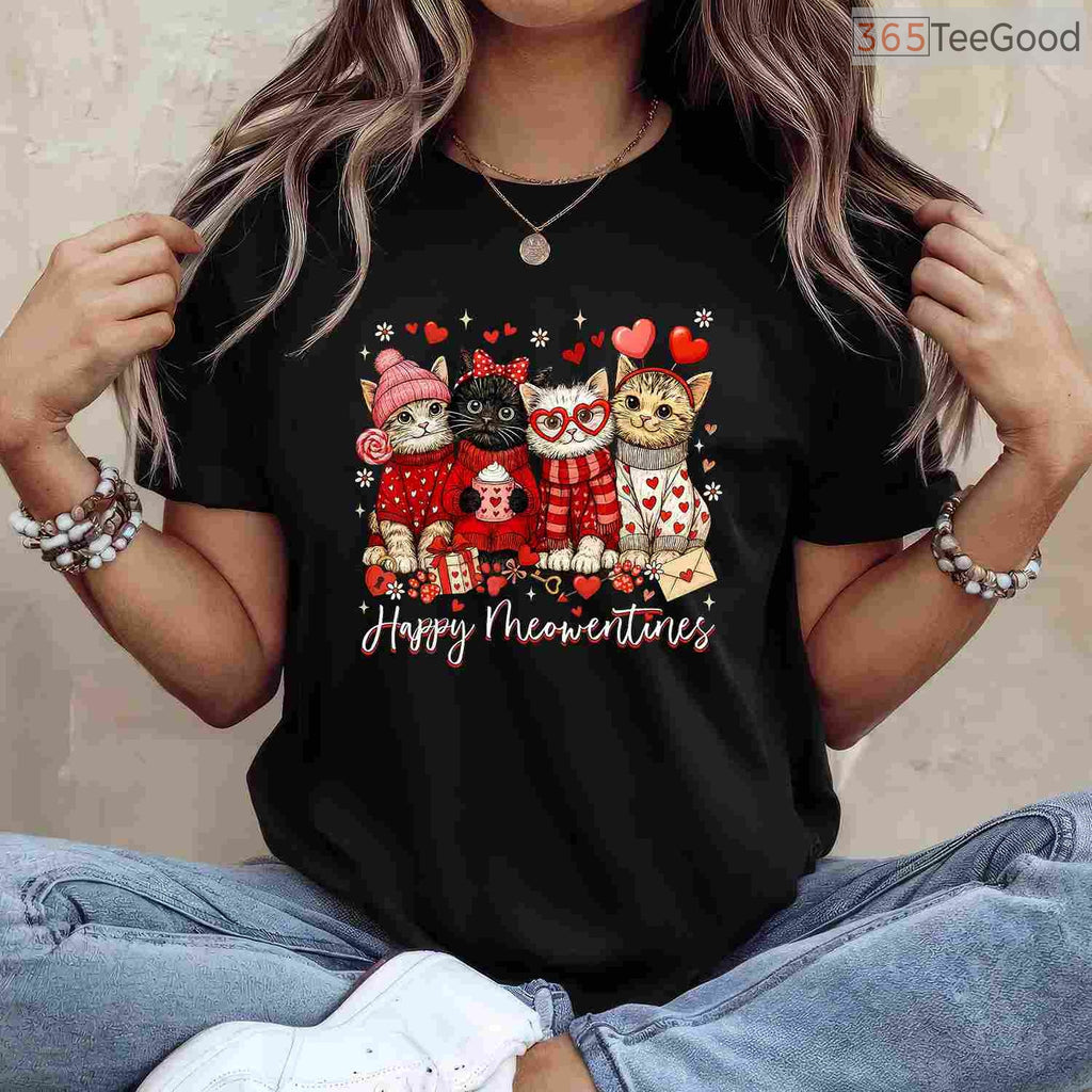 Happy Meowentines Cute Cat Mom T-Shirt, Adorable Kitten Lover Valentine Gift Tee for Girls Kids
