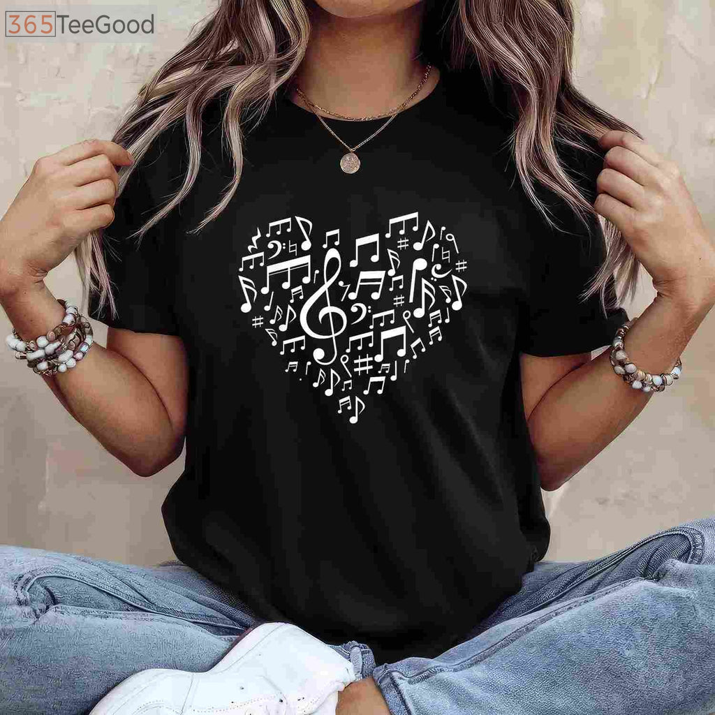 Heart Shape Musical Notes T-Shirt - Romantic Music Lover Valentine’s Day Gift