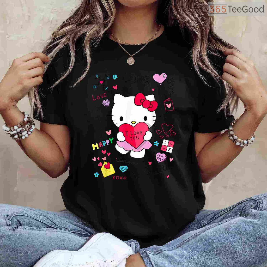 Hello Kitty Love Notes Valentine T-Shirt, Sanrio Character Cute Heart Graphic Tee for Girls Women