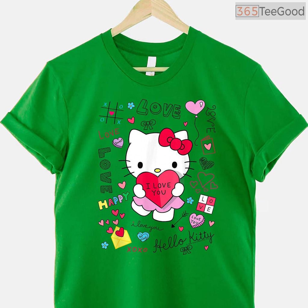 Hello Kitty Love Notes Valentine T-Shirt, Sanrio Character Cute Heart Graphic Tee for Girls Women