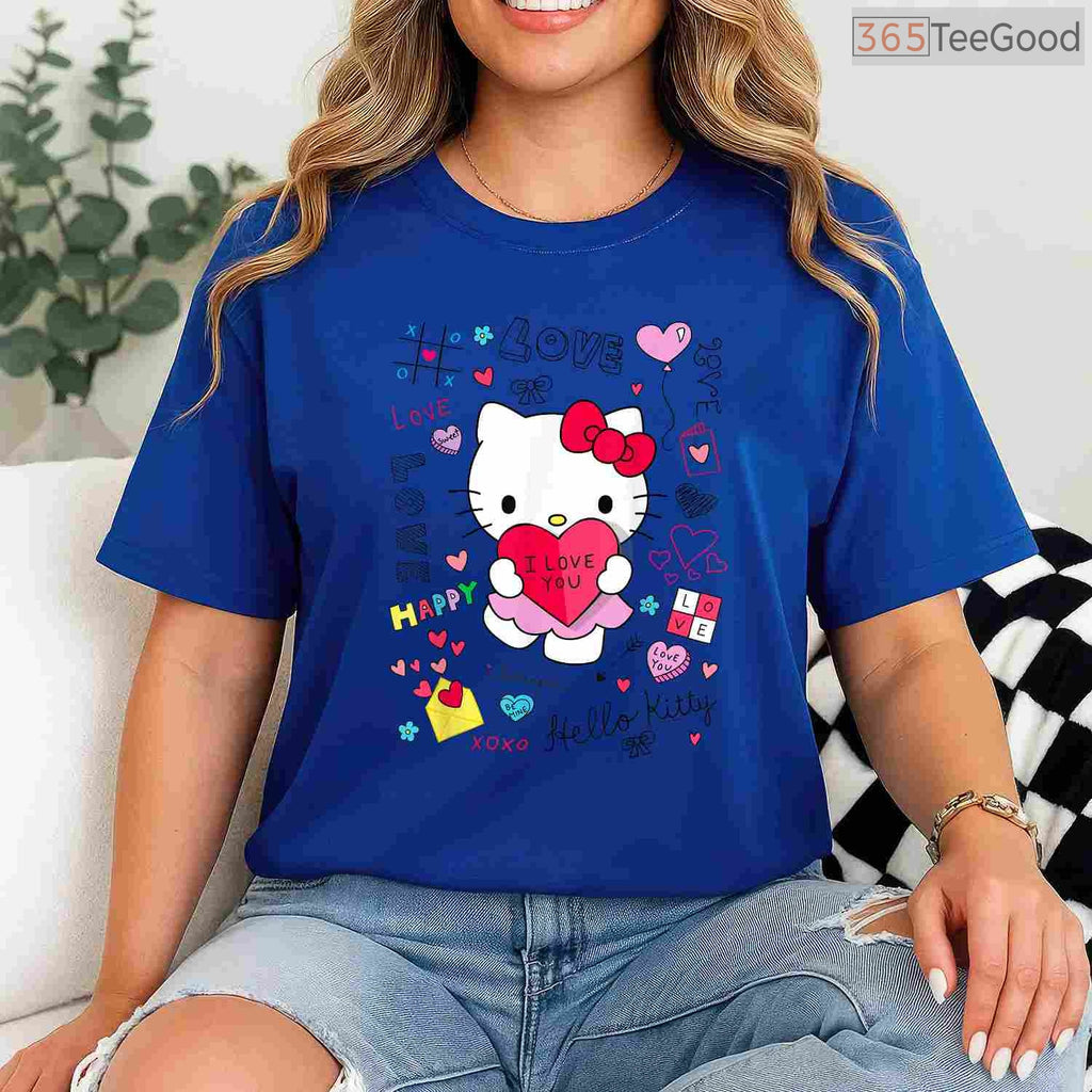 Hello Kitty Love Notes Valentine T-Shirt, Sanrio Character Cute Heart Graphic Tee for Girls Women