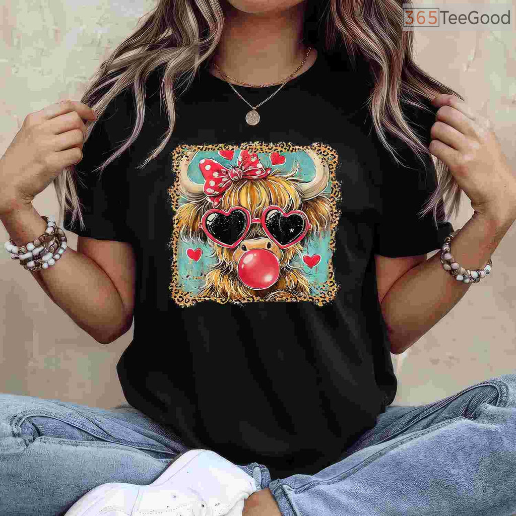 Highland Cow Valentine Coquette T-Shirt, Farm Animal Leopard Print Bow Heart Shirt for Country Girl