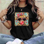 Highland Cow Valentine Coquette T-Shirt, Farm Animal Leopard Print Bow Heart Shirt for Country Girl