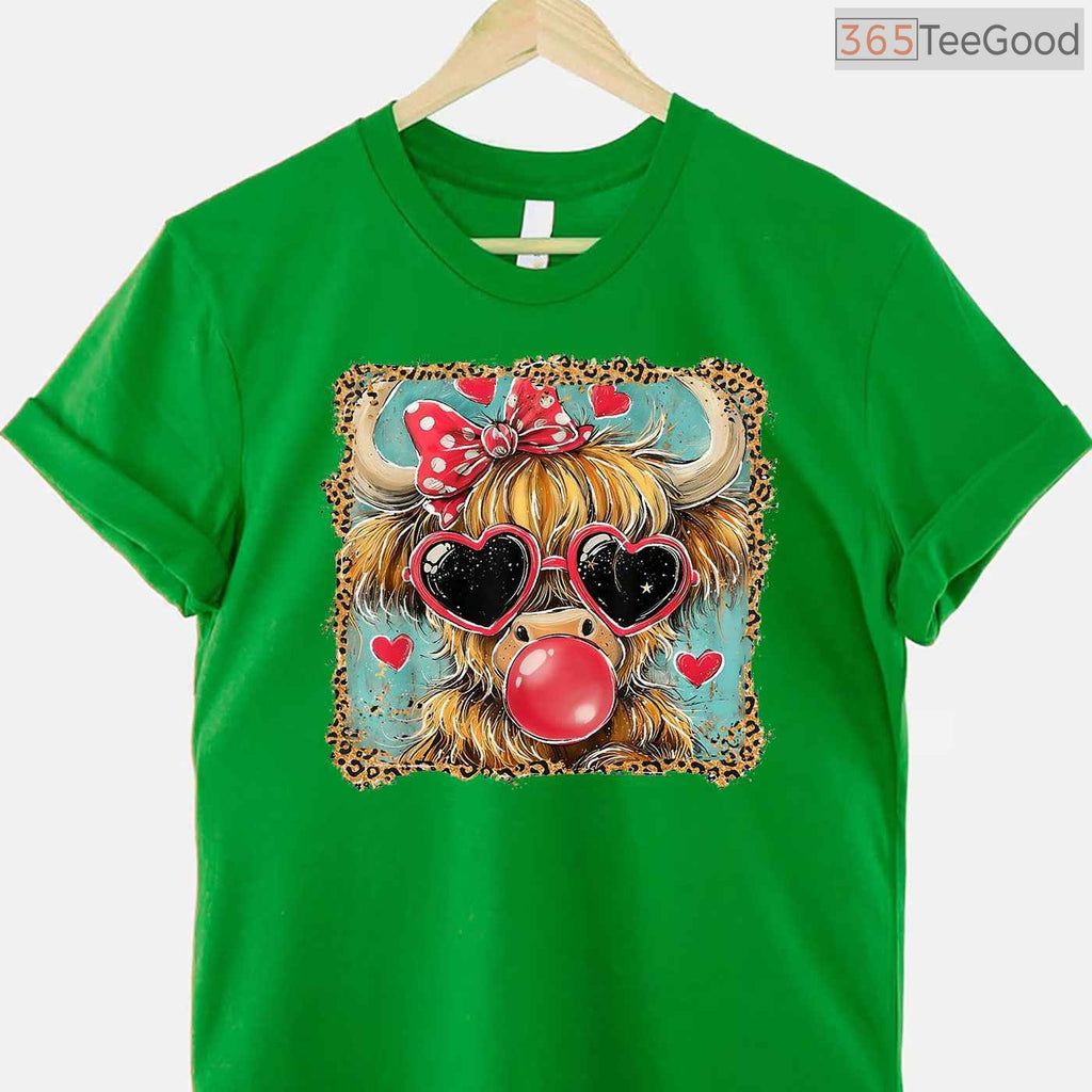 Highland Cow Valentine Coquette T-Shirt, Farm Animal Leopard Print Bow Heart Shirt for Country Girl