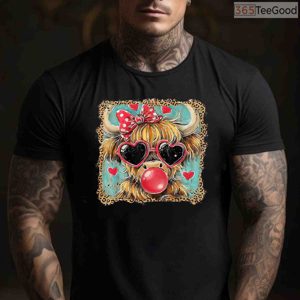 Highland Cow Valentine Coquette T-Shirt, Farm Animal Leopard Print Bow Heart Shirt for Country Girl