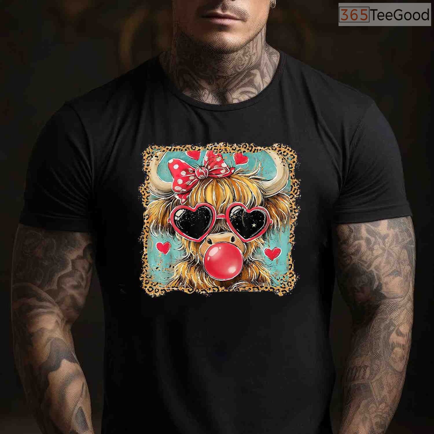 Highland Cow Valentine Coquette T-Shirt, Farm Animal Leopard Print Bow Heart Shirt for Country Girl
