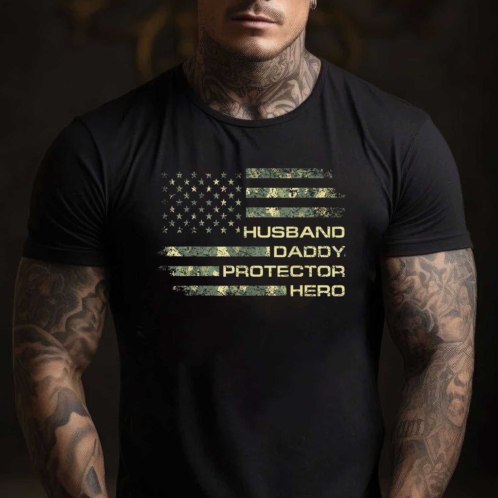 Husband Daddy Protector Hero Fathers Day Camo American Flag T-Shirt Tee Gift