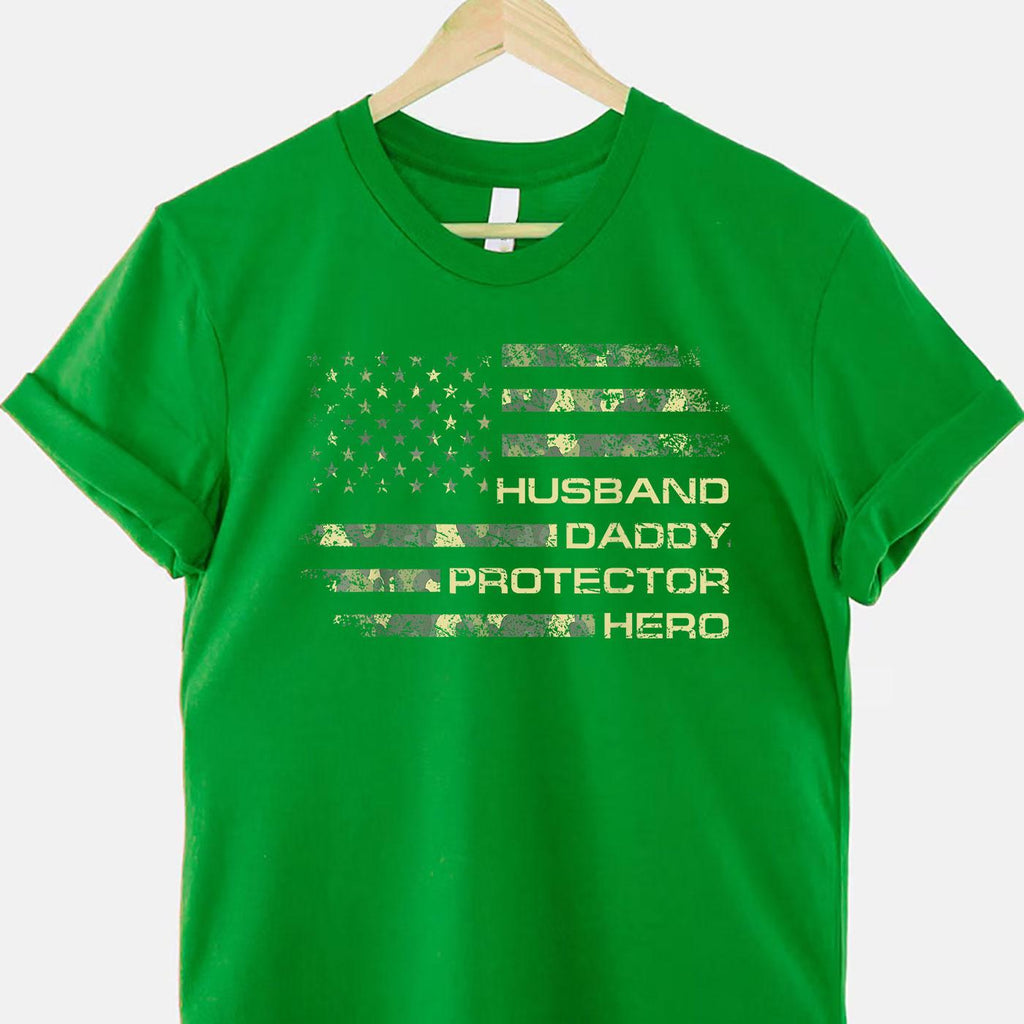 Husband Daddy Protector Hero Fathers Day Camo American Flag T-Shirt Tee Gift
