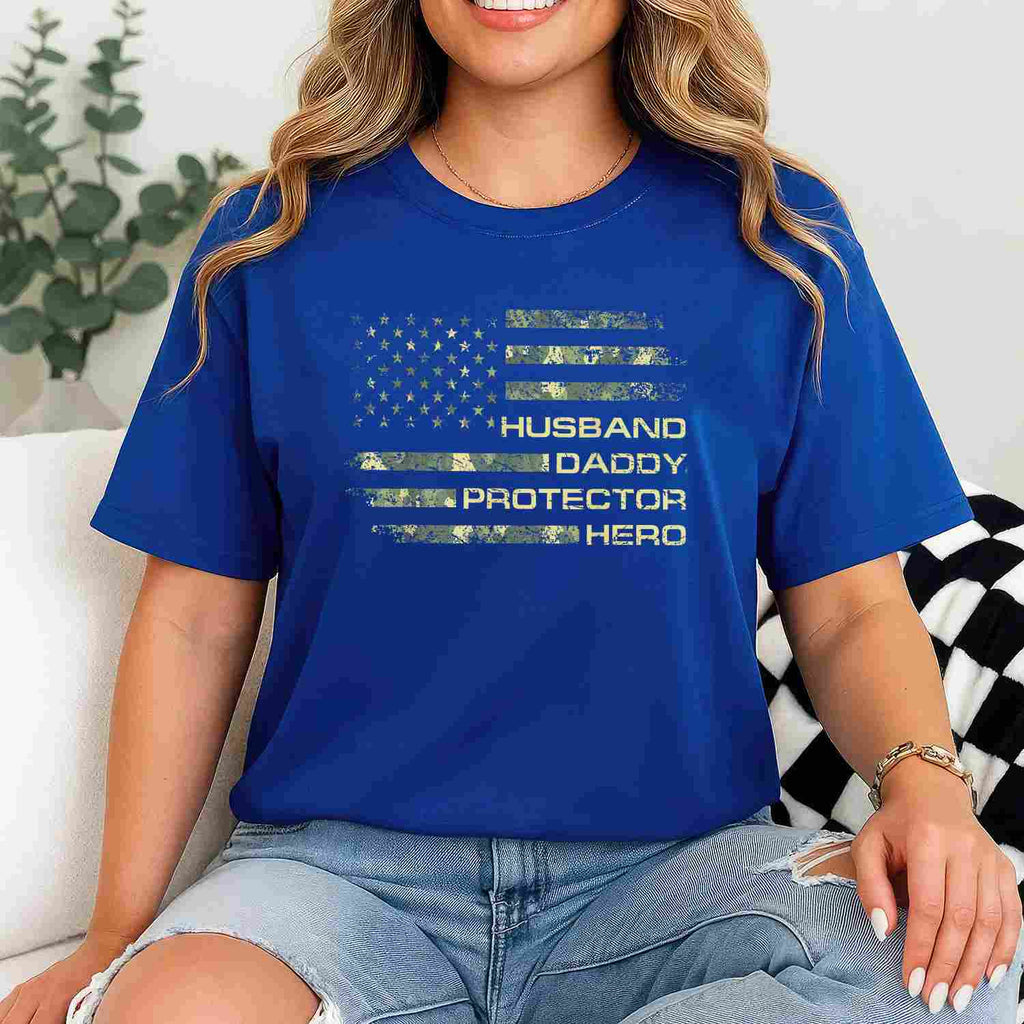 Husband Daddy Protector Hero Fathers Day Camo American Flag T-Shirt Tee Gift