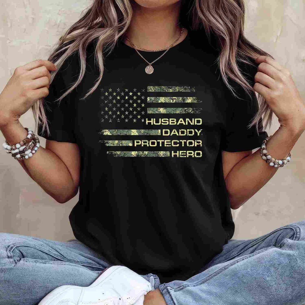 Husband Daddy Protector Hero Fathers Day Camo American Flag T-Shirt Tee Gift