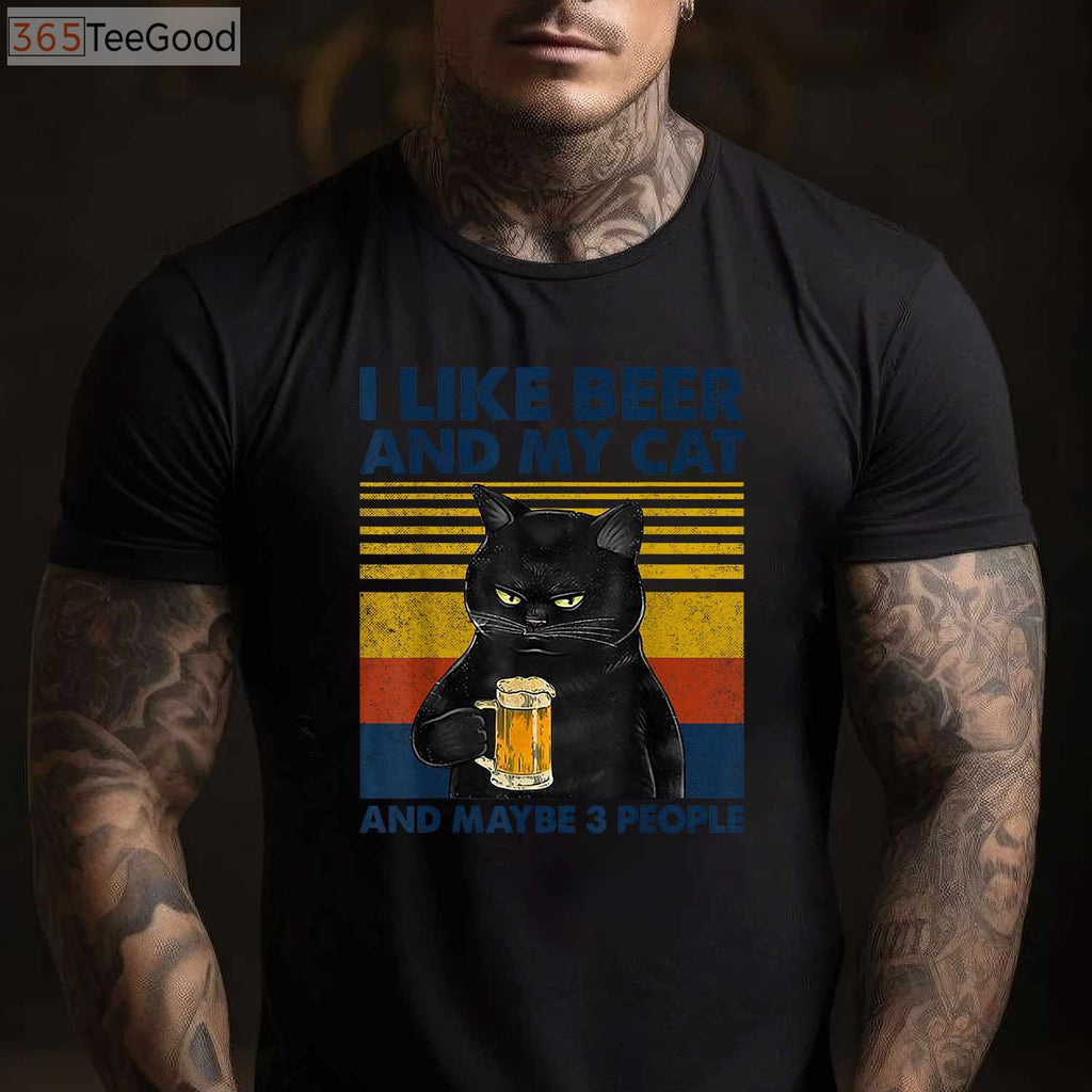 I Like Beer My Cat and Maybe 3 People T-Shirt - Funny Cat Lover Gift