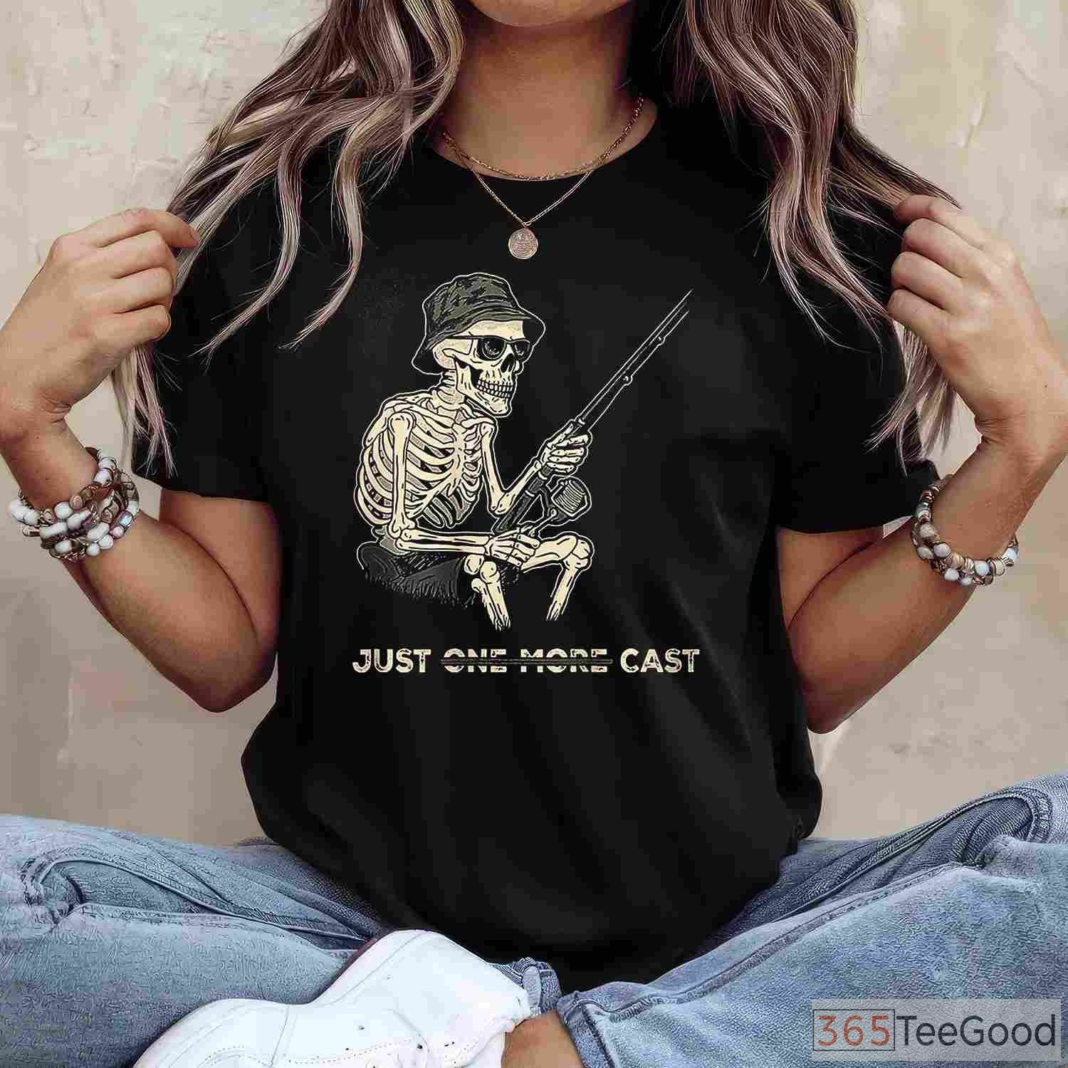 Just One More Cast Skeleton Fishing Shirt - Gritty Bass Angler Graphic Tee