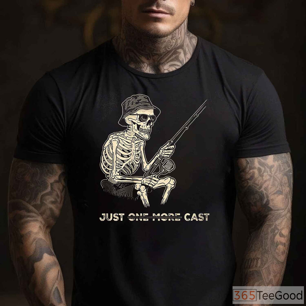 Just One More Cast Skeleton Fishing Shirt - Gritty Bass Angler Graphic Tee