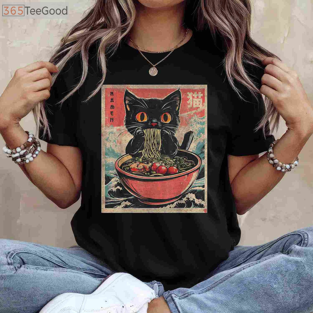 Kawaii Cat Ramen Japanese Anime T-Shirt - Funny Neko Graphic Tee