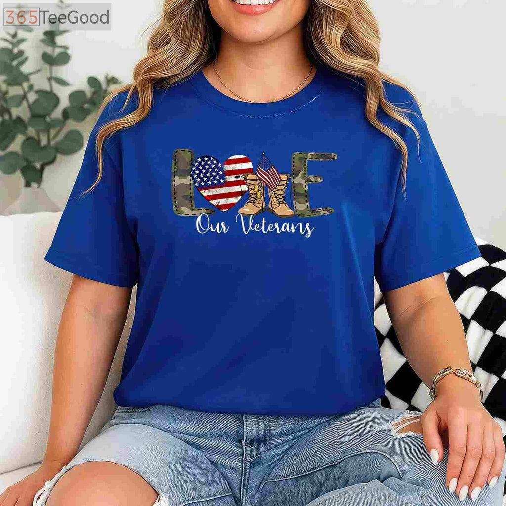 Love Our Veterans Proud Military T-Shirt - Patriotic American Flag Apparel