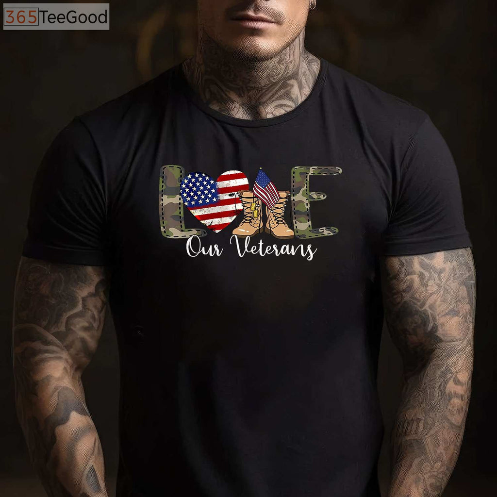 Love Our Veterans Proud Military T-Shirt - Patriotic American Flag Apparel
