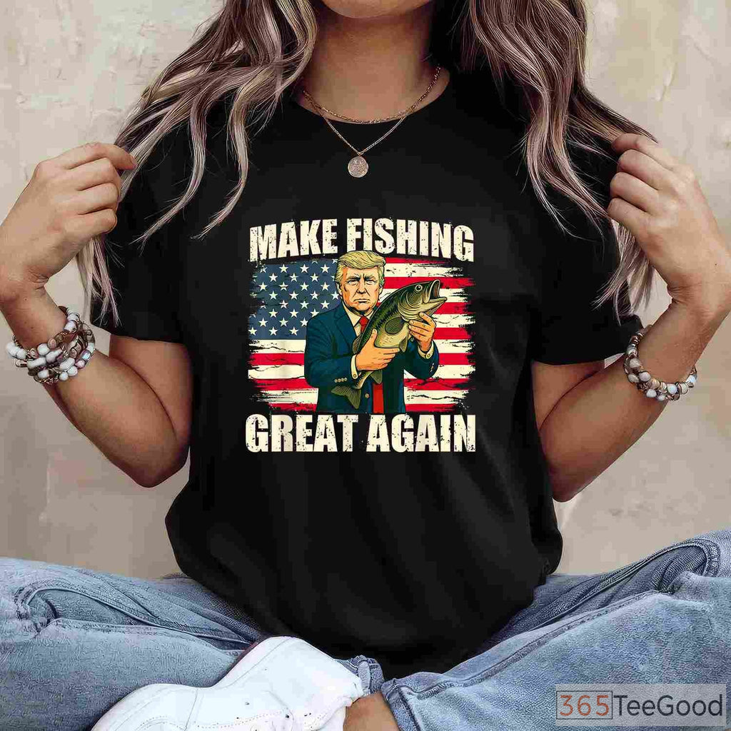 Make Fishing Great Again Patriotic Tee, Classic American Flag Fishing Apparel for Men