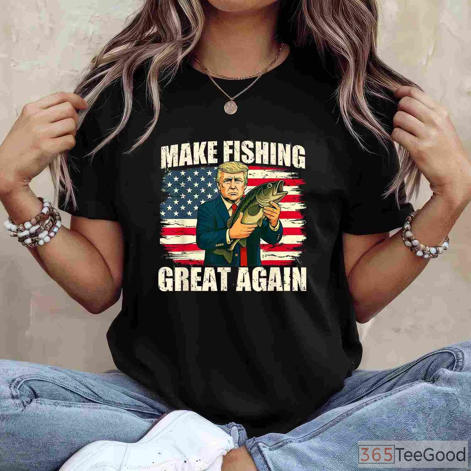 Make Fishing Great Again Patriotic Tee, Classic American Flag Fishing Apparel for Men