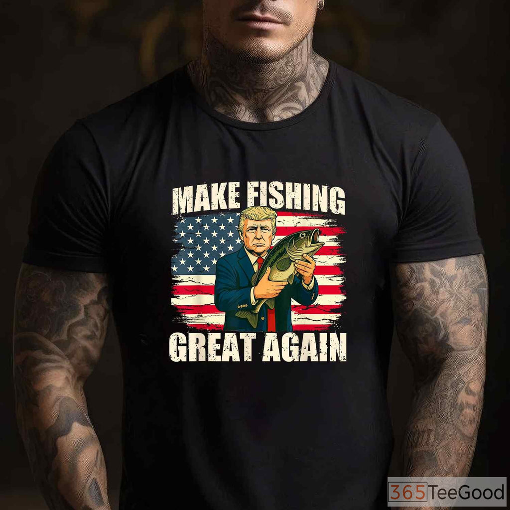 Make Fishing Great Again Patriotic Tee, Classic American Flag Fishing Apparel for Men