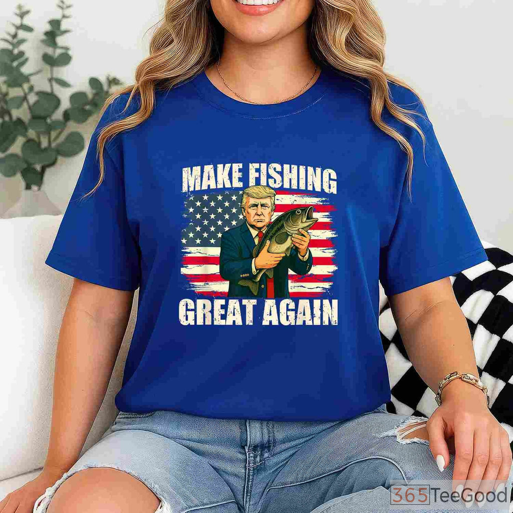 Make Fishing Great Again Patriotic Tee, Classic American Flag Fishing Apparel for Men