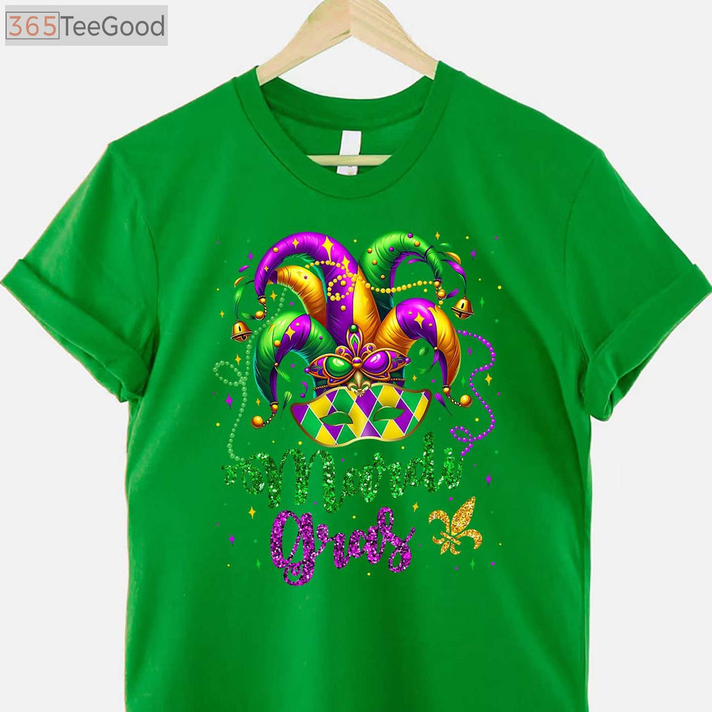 Mardi Gras Shirt for Women Men Kids, Beads Mask Feathers Hat Carnival T-Shirt