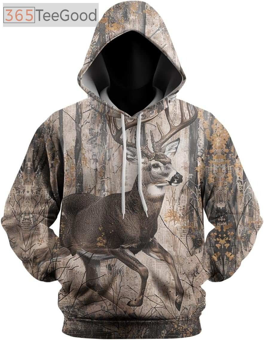 Men’s Deer Camouflage 3D Hoodie – Novelty Animal Print Pullover Long Sleeve Sweatshirt