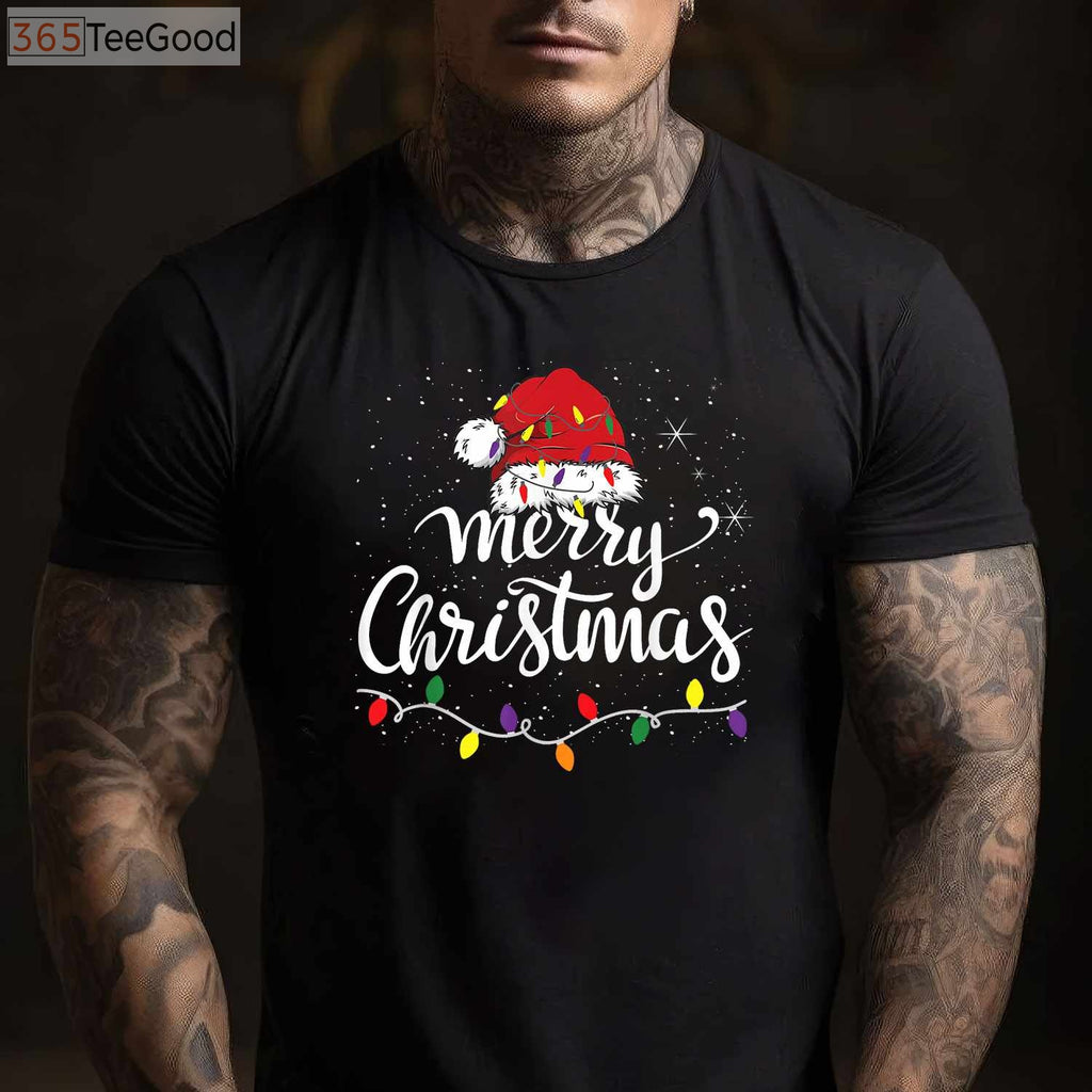Merry Christmas Lights Red Santa Hat T-Shirt - Funny Family Xmas Pajama Top
