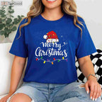 Merry Christmas Lights Red Santa Hat T-Shirt - Funny Family Xmas Pajama Top