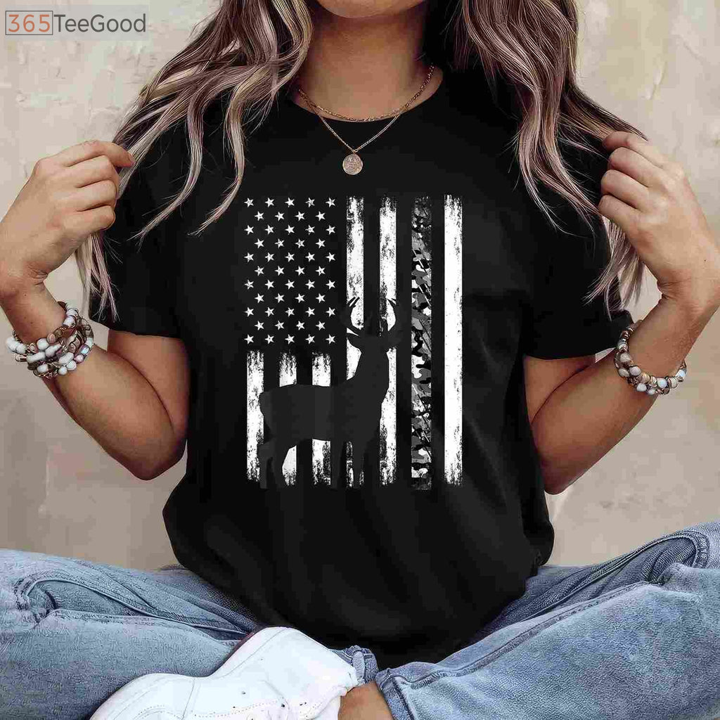 Patriotic Deer Hunting Graphic Tee, USA American Flag Camo Hunter Shirt