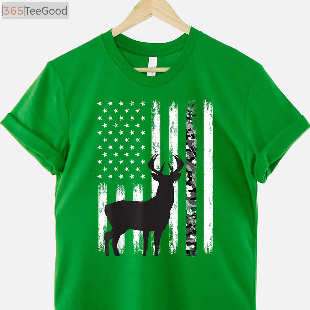 Patriotic Deer Hunting Graphic Tee, USA American Flag Camo Hunter Shirt