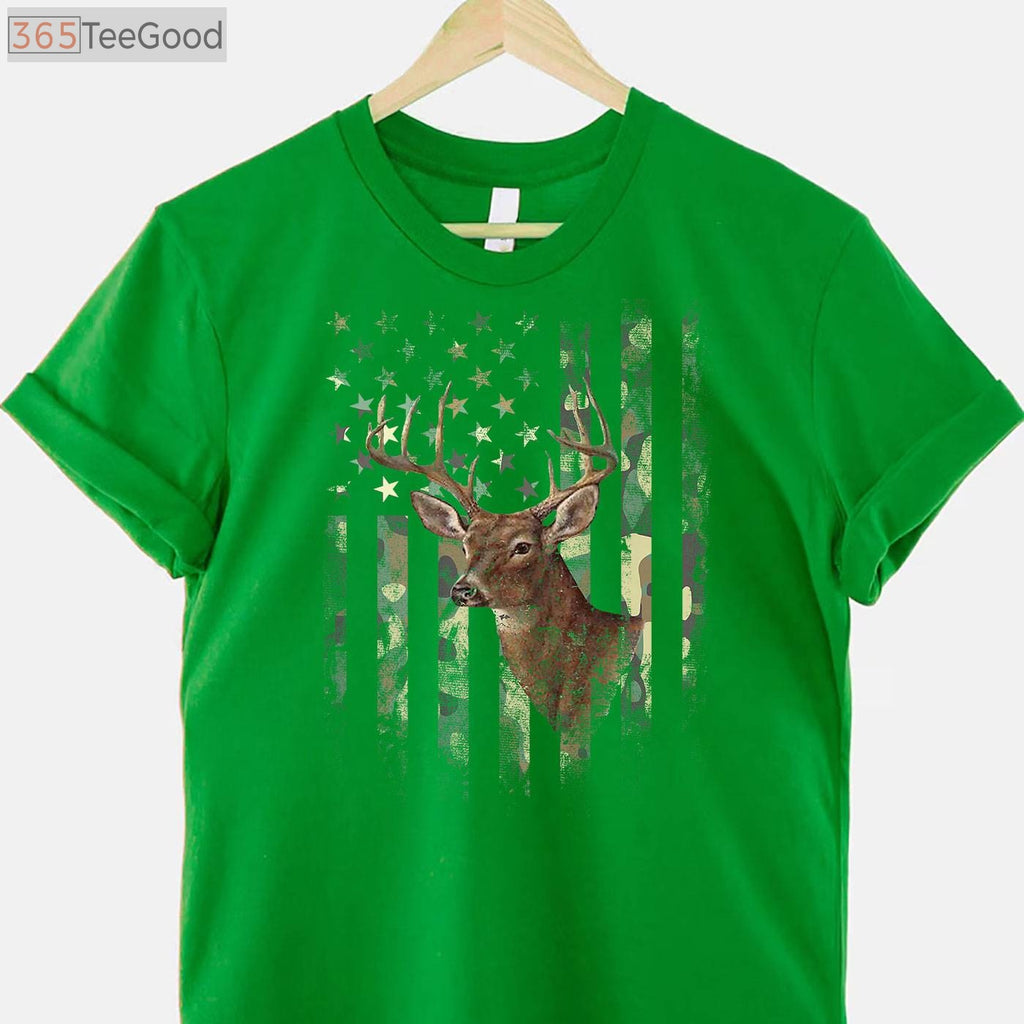 Patriotic American Flag Deer Hunting Camo Tee, Military Style Hunter Shirt