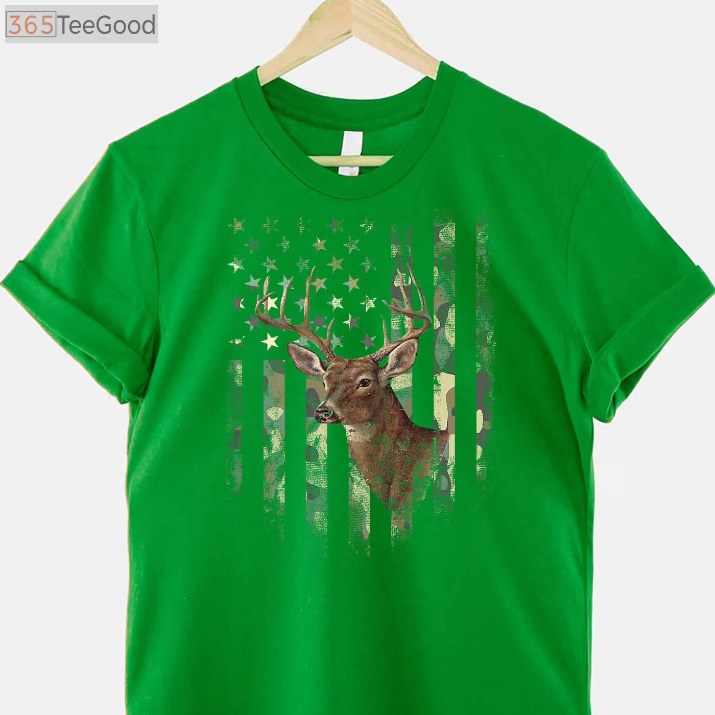 Patriotic American Flag Deer Hunting Camo Tee, Military Style Hunter Shirt