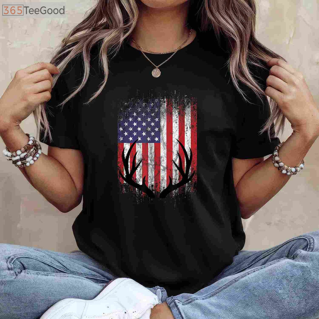 Patriotic Whitetail Deer Hunting Shirt, American Flag Buck Antlers Graphic