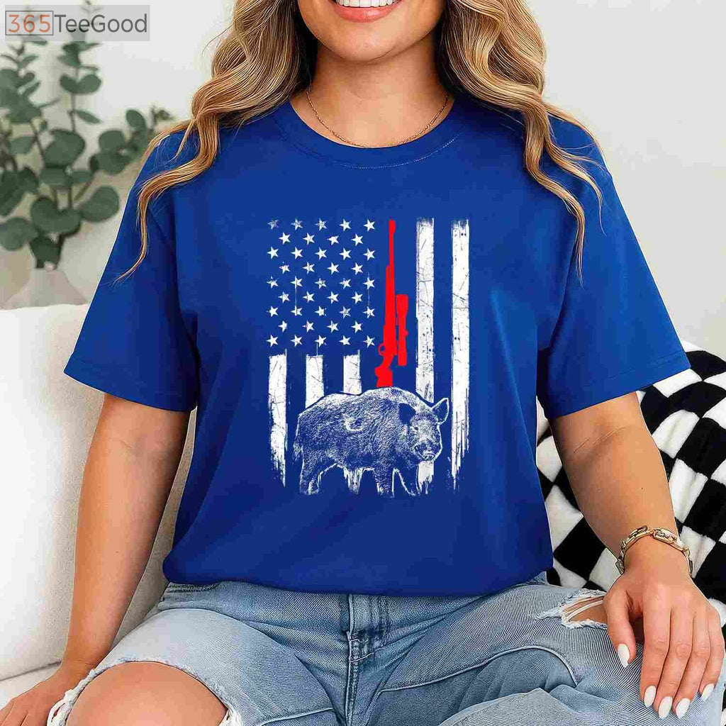 Patriotic Boar Hunting Shirt, American USA Flag Wild Hog Hunter Apparel