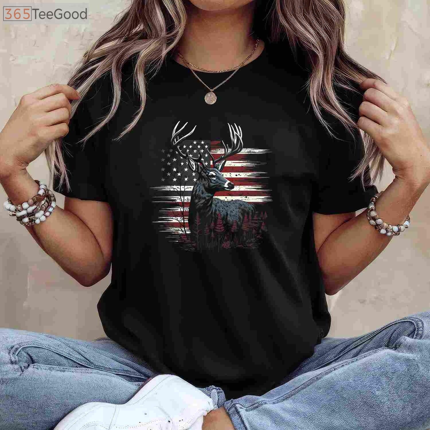 Patriotic Whitetail Deer Hunting T-Shirt, American Flag Antlers Buck Apparel