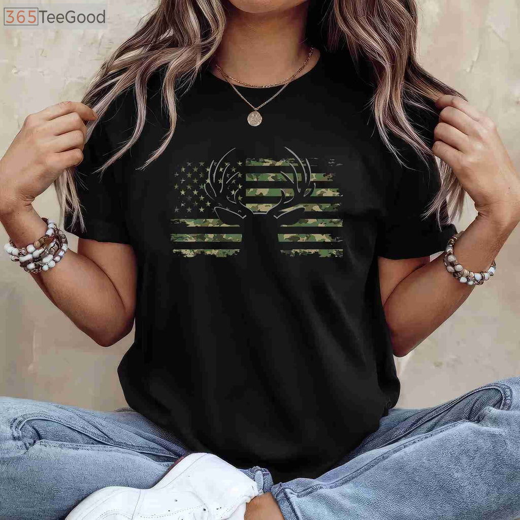 Patriotic Deer Hunting Camouflage T-Shirt, American Flag Antlers Graphic Tee