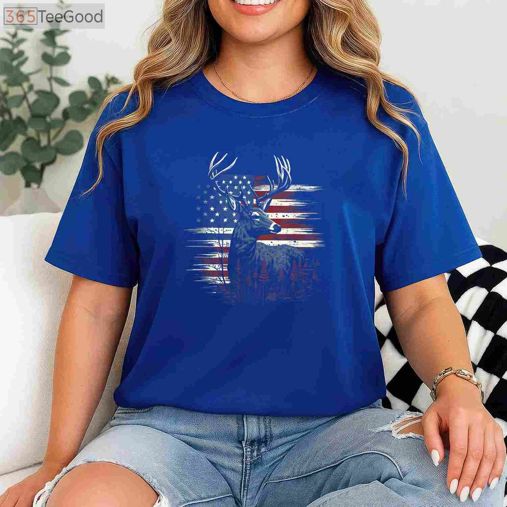 Patriotic Whitetail Deer Hunting T-Shirt, American Flag Antlers Buck Apparel