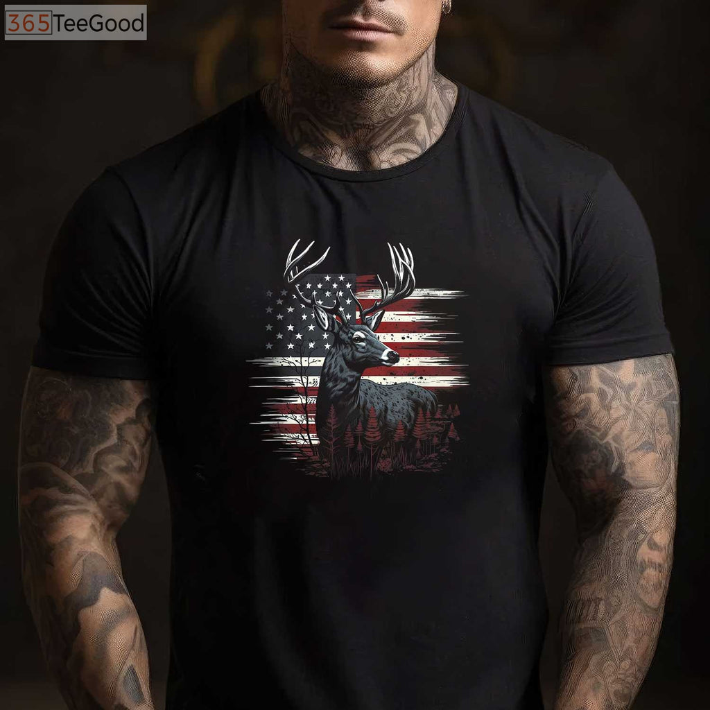 Patriotic Whitetail Deer Hunting T-Shirt, American Flag Antlers Buck Apparel