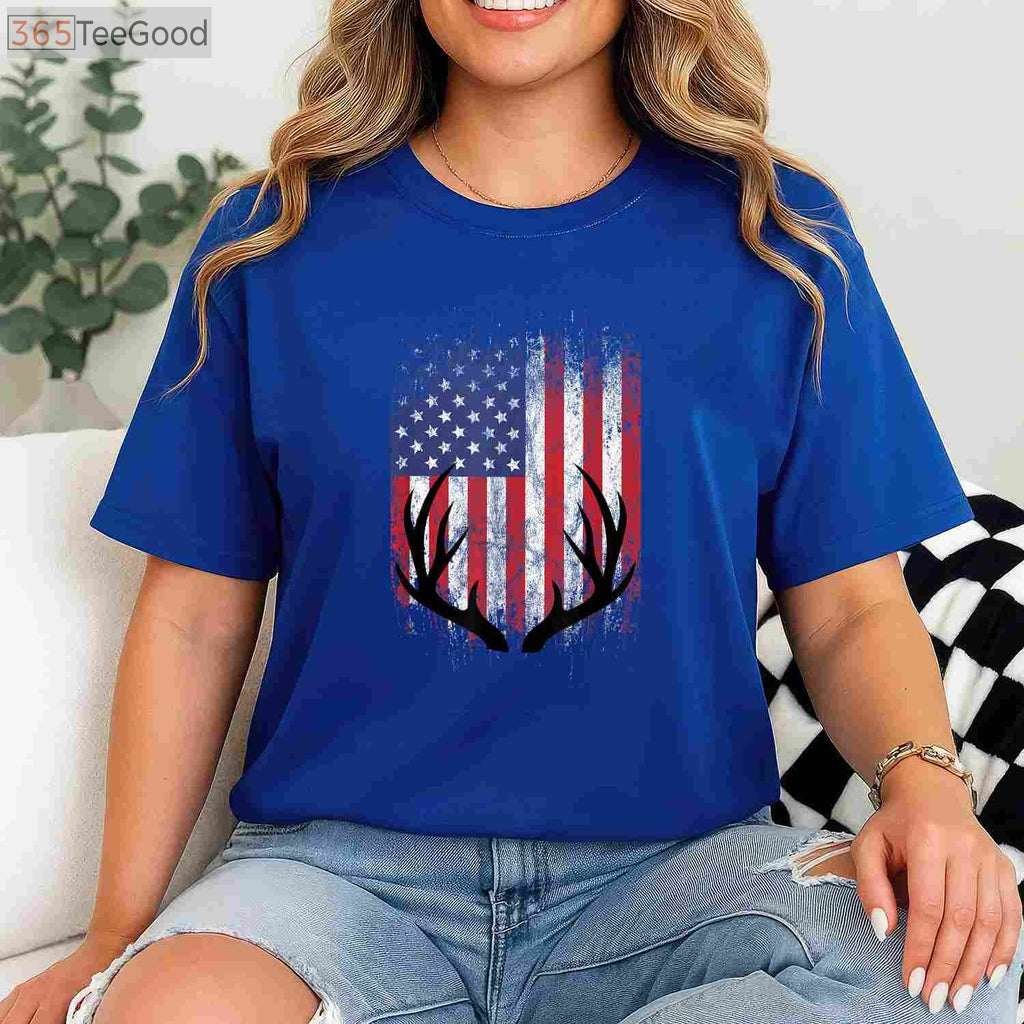 Patriotic Whitetail Deer Hunting Shirt, American Flag Buck Antlers Graphic