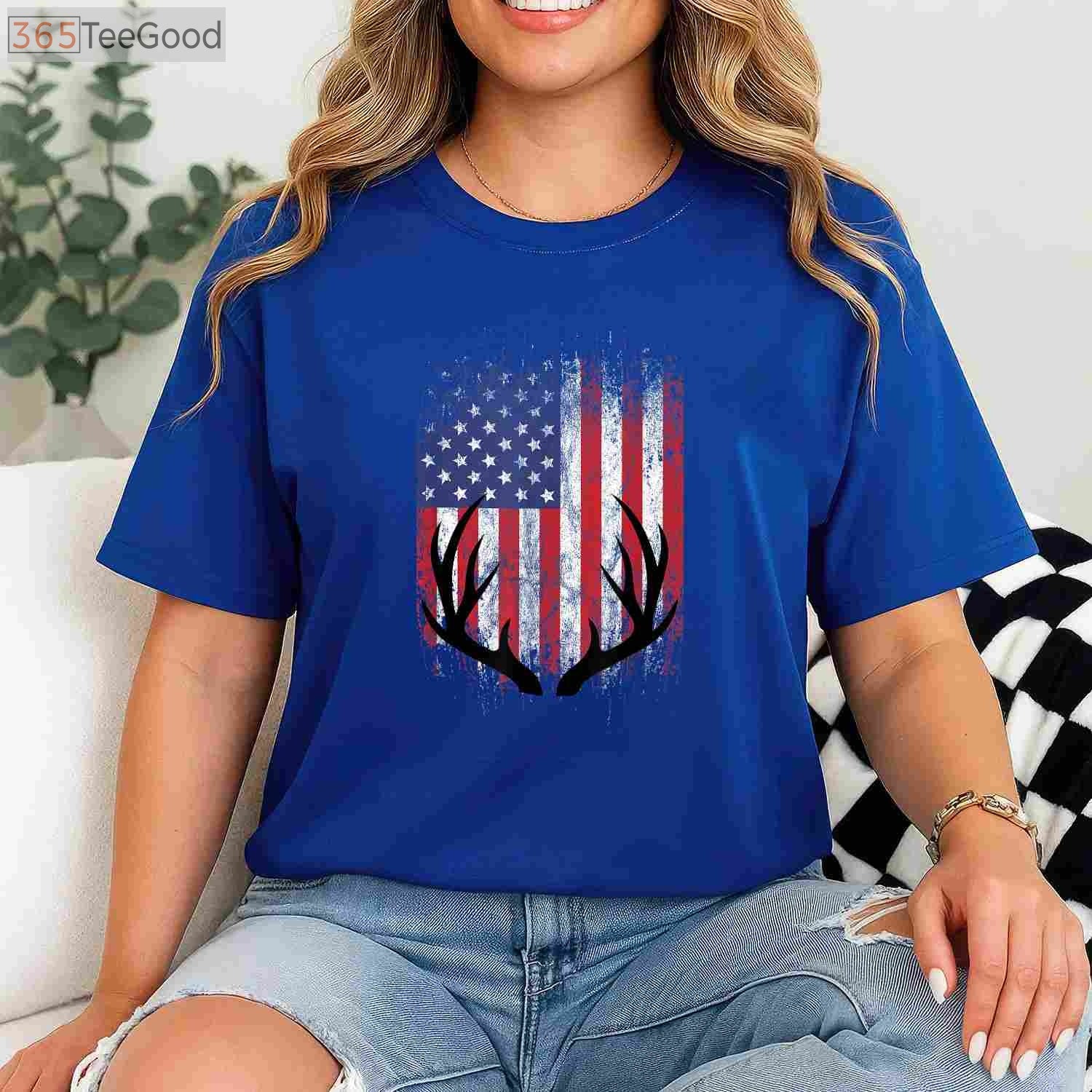 Patriotic Whitetail Deer Hunting Shirt, American Flag Buck Antlers Graphic