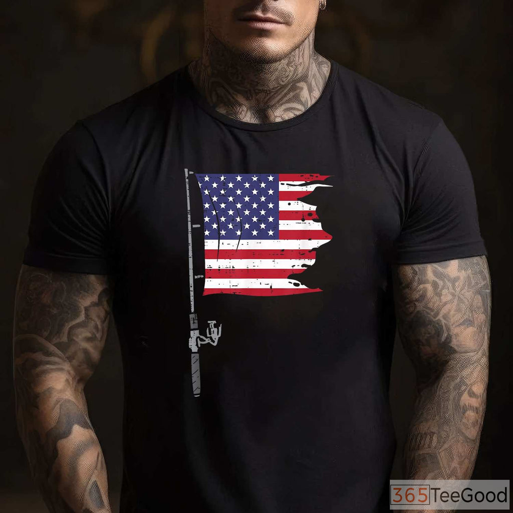 Patriotic 4th of July Fishing Rod American Flag Shirt - Men's Summer Angler Tee