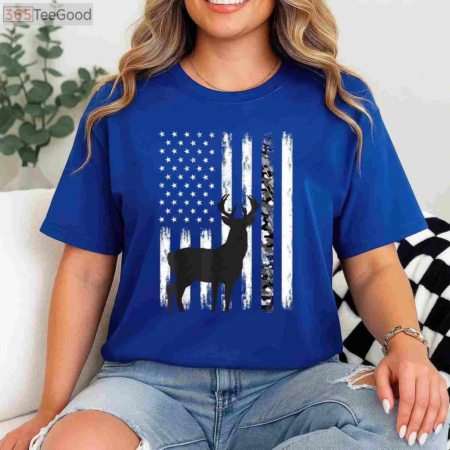 Patriotic Deer Hunting Graphic Tee, USA American Flag Camo Hunter Shirt