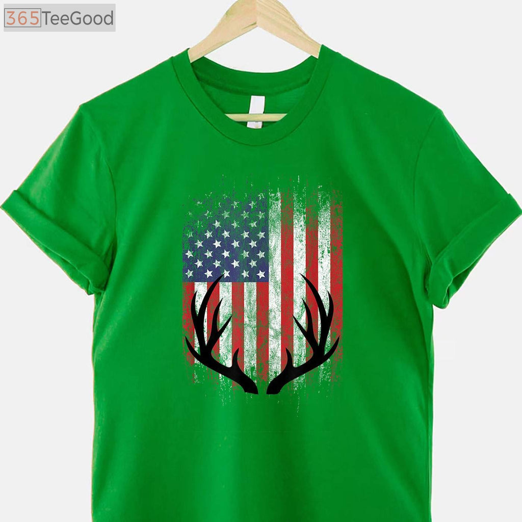 Patriotic Whitetail Deer Hunting Shirt, American Flag Buck Antlers Graphic